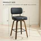 Swivel Bar Stools Set of 3, 26" Counter Height, Black | Walnut Wood Legs, Upholstered Seat, Supportive Backrest, Easy-Clean Faux Leather, Mid-Century Modern, 4-Inch Cushion
