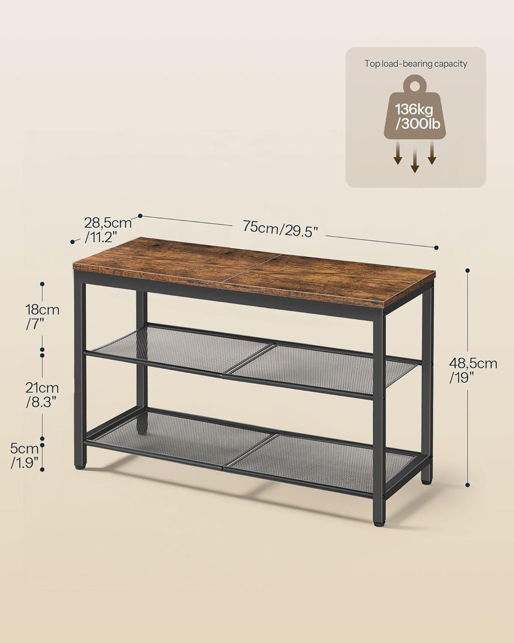 HOOBRO Shoe Bench, 3-Tier Shoe Rack, Industrial Shoe Organizer Storage Bench, 29.5 inches Entry Bench with Mesh Shelves, for Entryway, Living Room, Hallway, Easy Assembly, Rustic Brown BF75HX01