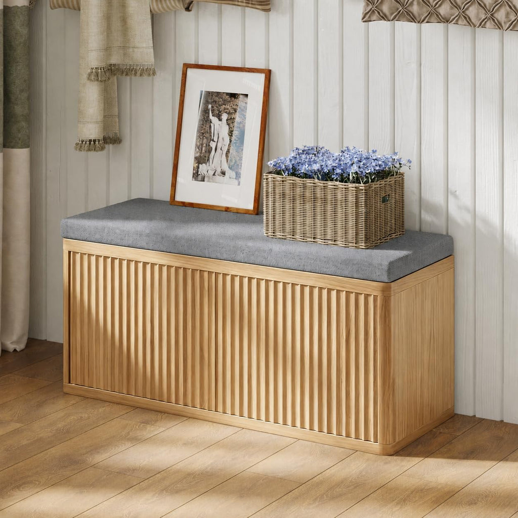 Entryway Shoe Storage Bench with 2" Cushion, 37.4" Small Bench with Shoe Rack, Cabinet Organizer for Hallway，Bedroom End of Bed (Light Oak)