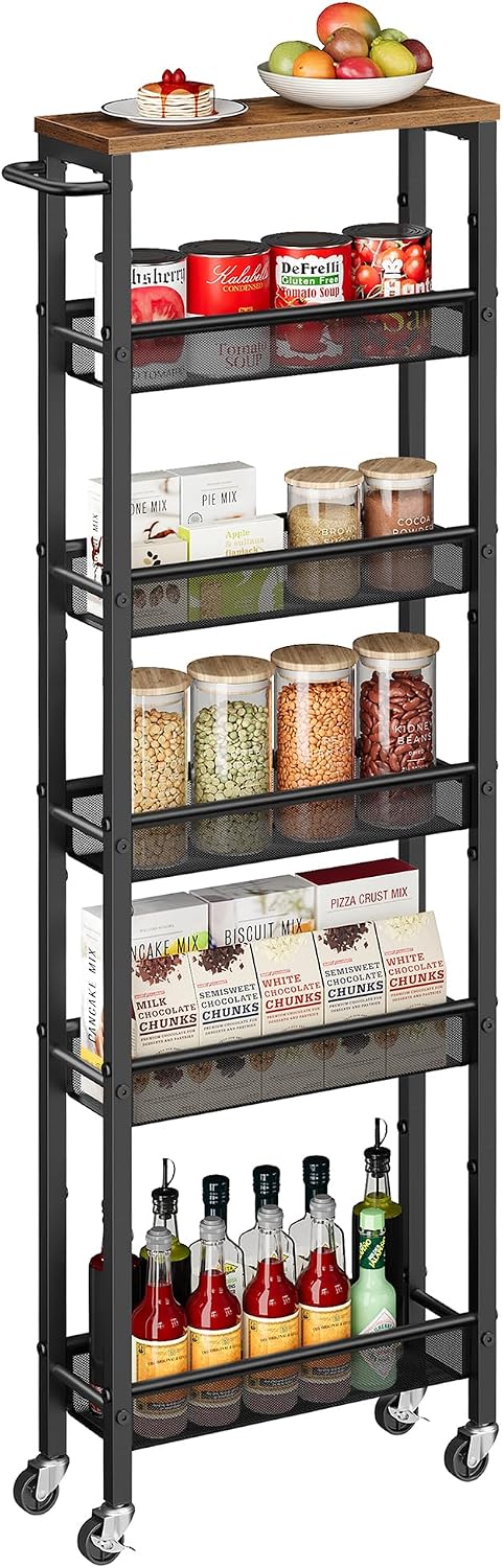 VASAGLE Slim Storage Cart, 6-Tier Rolling Utility Cart, Skinny Shelf for Kitchen Pantry, Narrow Bathroom Organizer, 17.9 x 5.9 x 51.7 inch, Rustic Brown and Matte Black, Dacey Collection ULRC038K101