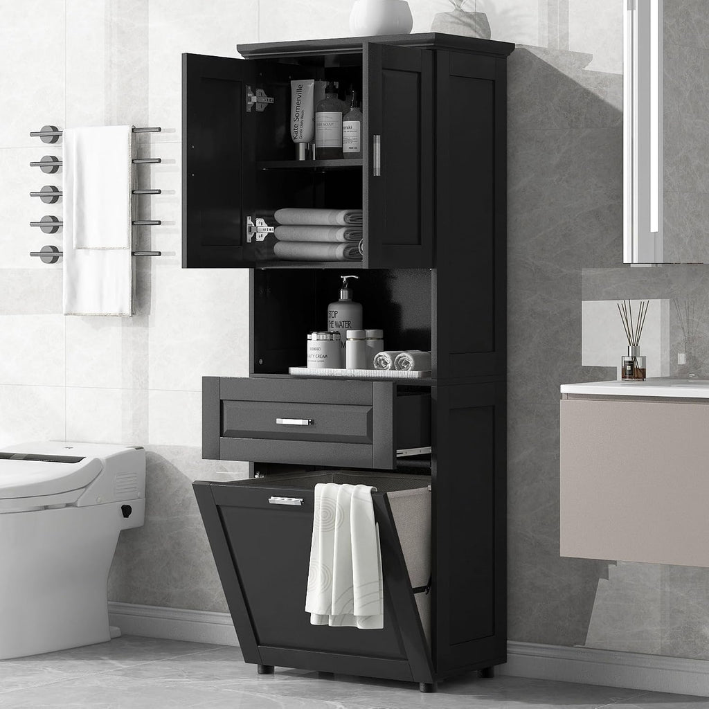 Merax 70" Tall Kitchen Pantry,Farmhouse Storage Cabinet with Adjustable Shelves,Farmhouse Pantry Cabinet with Tilt-Out Basket, for Kitchen,Dining Room,Living Room(Black)