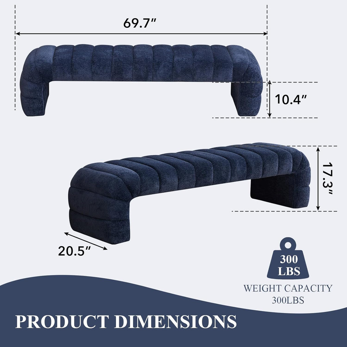 NIOIIKIT 69.7" Ottoman Bench, Teddy Upholstered Queen Size End of Bed Bench, Channel Tufted Entryway Bench with Cushion, Long Bedroom Bench, Window Bench Seat for Entryway, Living Room (Navy)