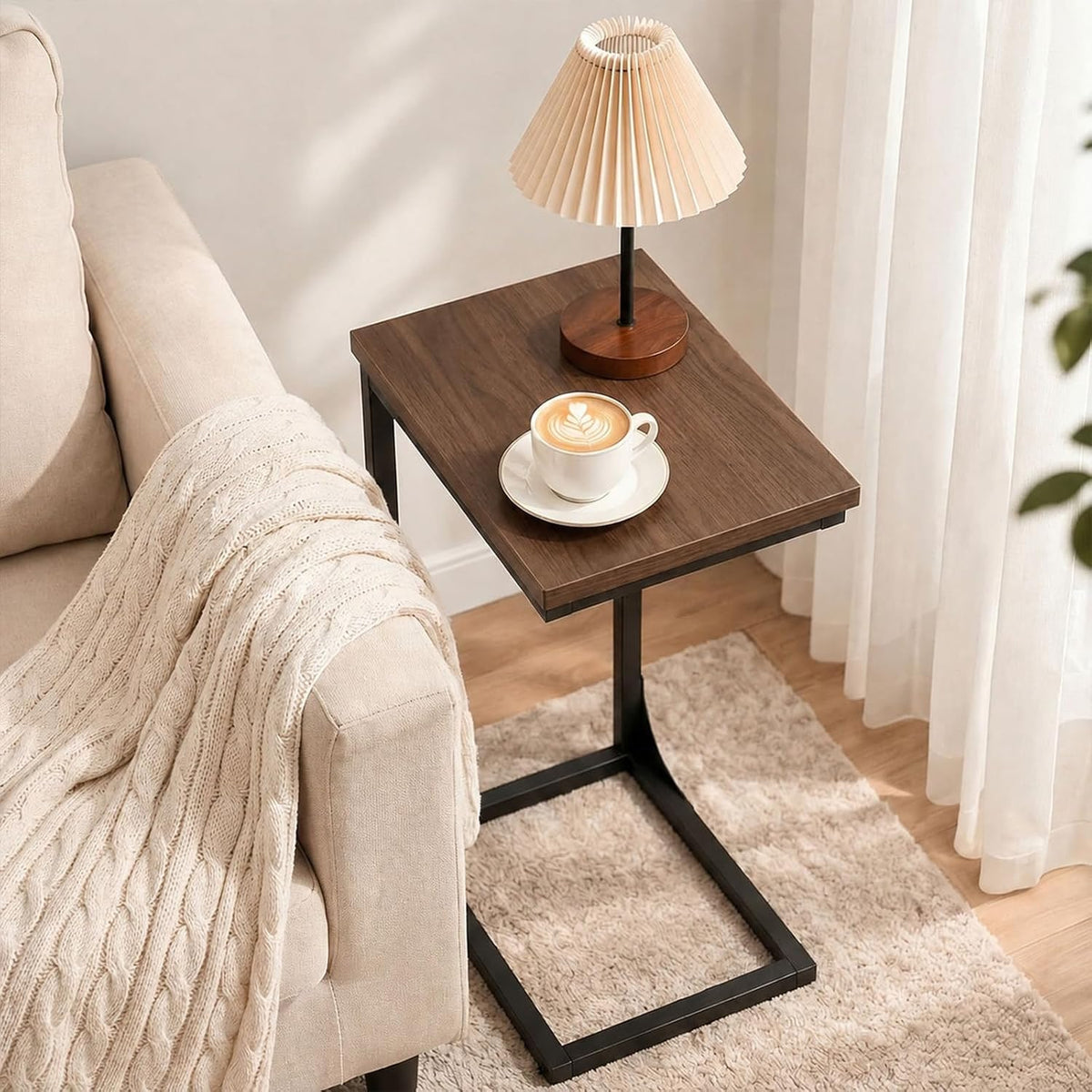 TEMI C Shaped End Table for Couch - Small Side Table and TV Tray for Eating or Laptop, Accent Desk for Chair or Sofa, Easy Assembly, Space-Saving Design for Living Room or Bedroom,Rustic Walnut