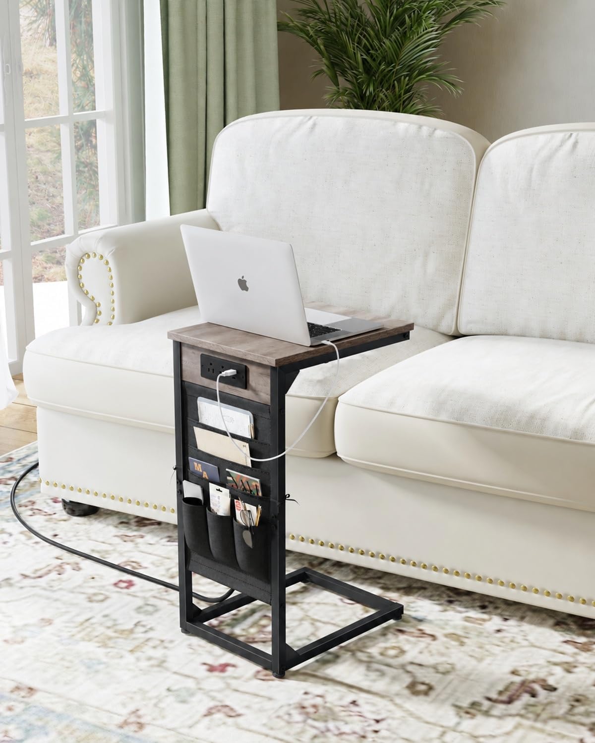 C-Shaped End Table with Fast-Charging Station, Small Couch Side Table with Storage Bag, Sofa TV Tray Table for Living Room, Bedroom, Bedside ET-GY-1