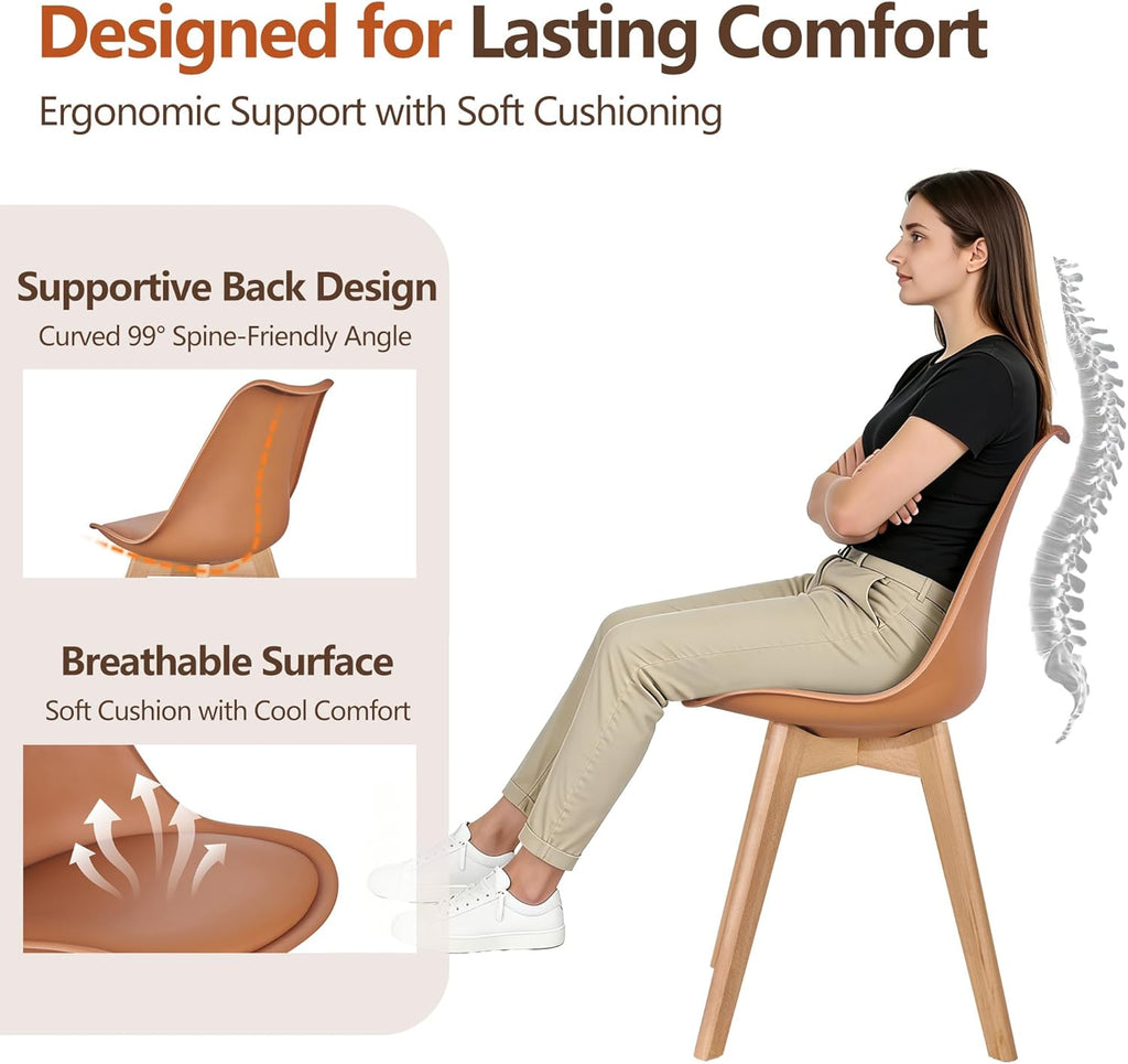 VECELO Dining Chairs Set of 4, Mid-Century Modern Kitchen & Dining Room Chairs, PU Leather Upholstered Seat, Solid Wood Legs, Armless, Non-Slip Feet, Orange