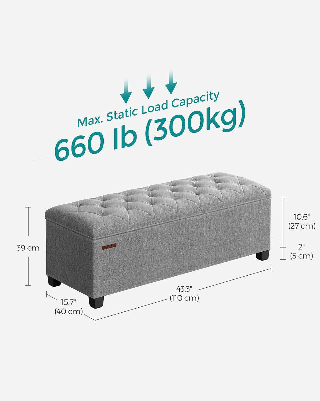SONGMICS Storage Ottoman Bench, Foot Rest with Legs, Load up to 661.4 lb | End of Bed Bench, Storage Chest, 43.3 x 15.8 x 15.8 Inches, Dove Gray and Ink Black, MELISA Collection ULSF088G02