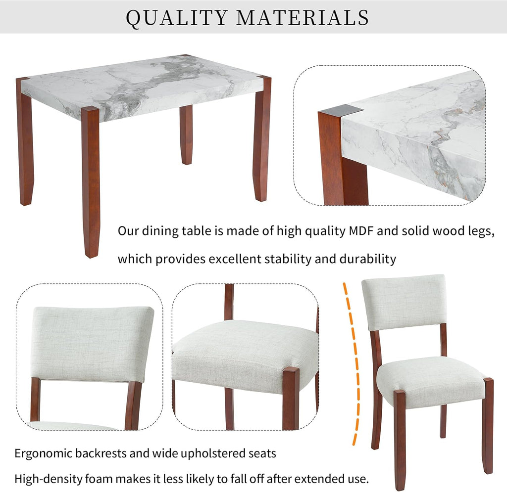 Merax 4 Piece Dining Table Set, Faux Marble Table and 2 Upholstered Chairs 1 Bench, 4 Person Dinette Set for Kitchen, Dining Room, Space-Saving, Beige