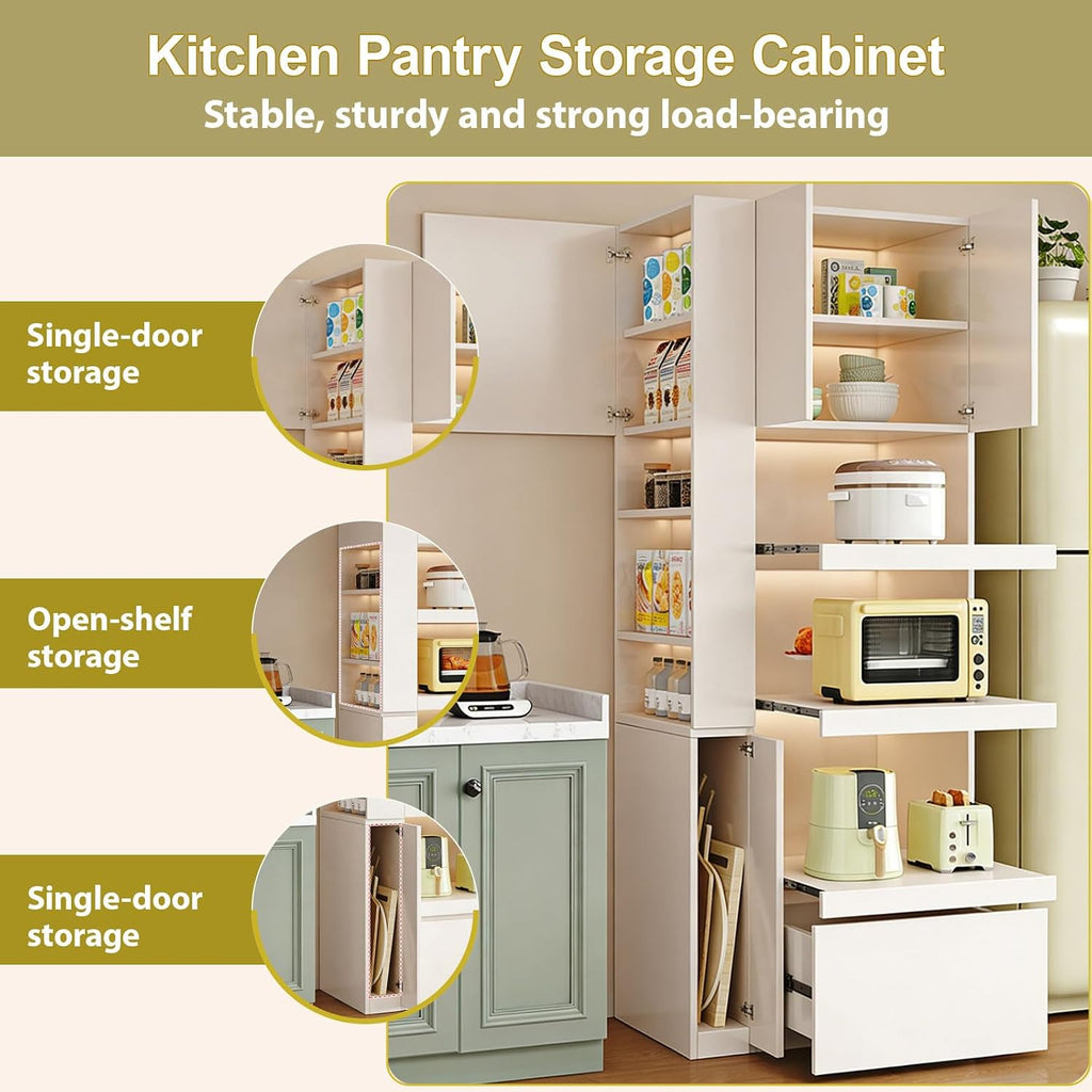 LINLIUA 71'' Tall Kitchen Pantry Cabinet, Wood Pantry Storage Cabinet with Doors, 3 Pull-Out Shelves and Drawer, Modern Slim Kitchen Hutch for Dining Room Small Space