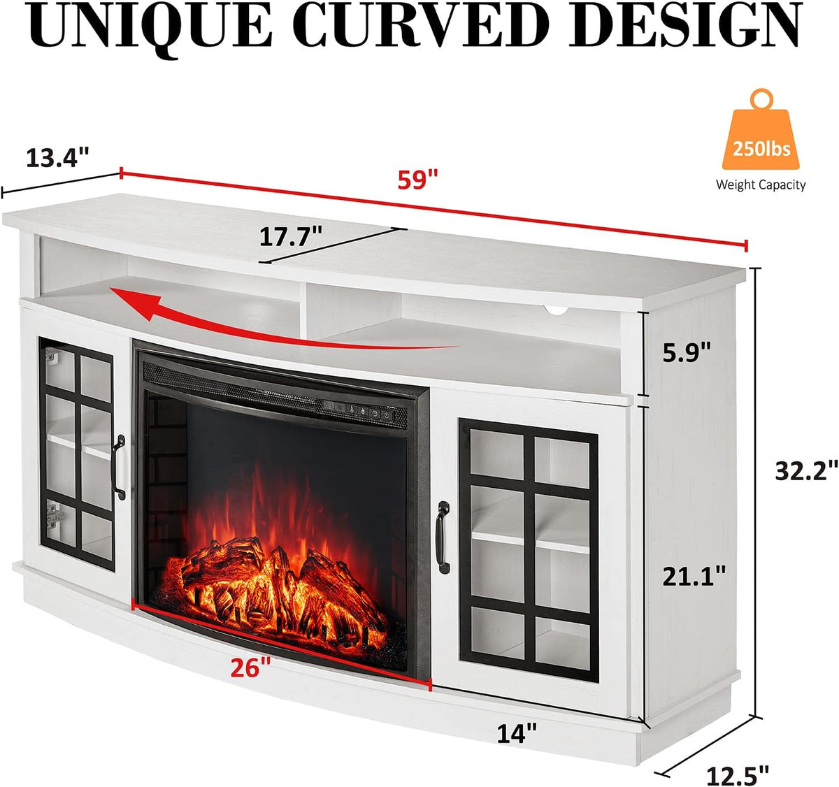 LUXOAK 59" Curved Fireplace TV Stand with Storage Cabinet for TVs Up to 65" | Built 26" Electric Fireplace, Farmhouse Entertainment Center with Open Shelves, Media TV Console for Living Room, White