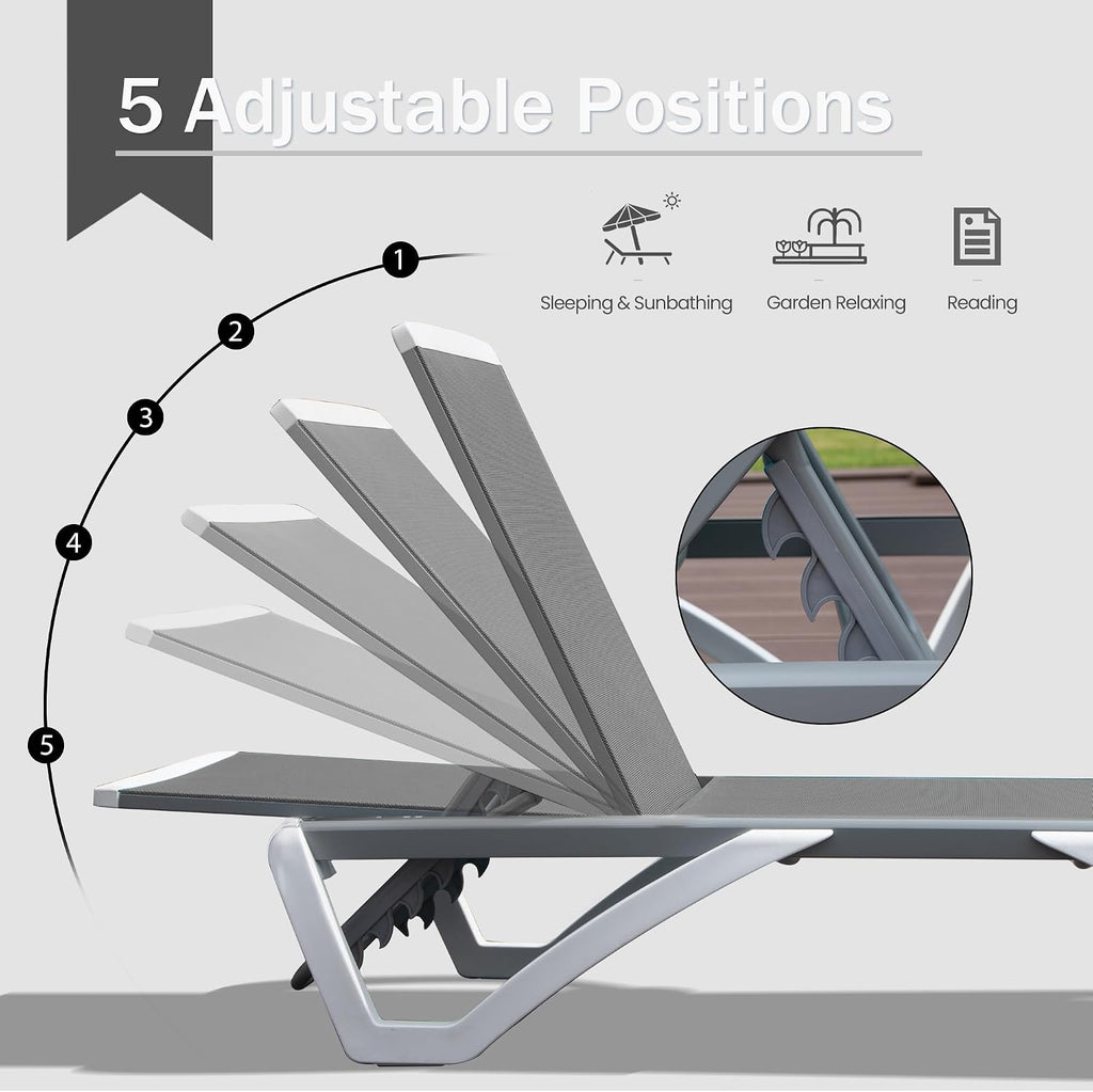 Domi Outdoor Lounge Chairs Set of 4, Aluminum Chaise Lounge Chairs for Outside with 5 Position Adjustable Backrest, Stackable Patio Lounge Chair with Wheels for Beach, Yard, Balcony, Poolside, Grey