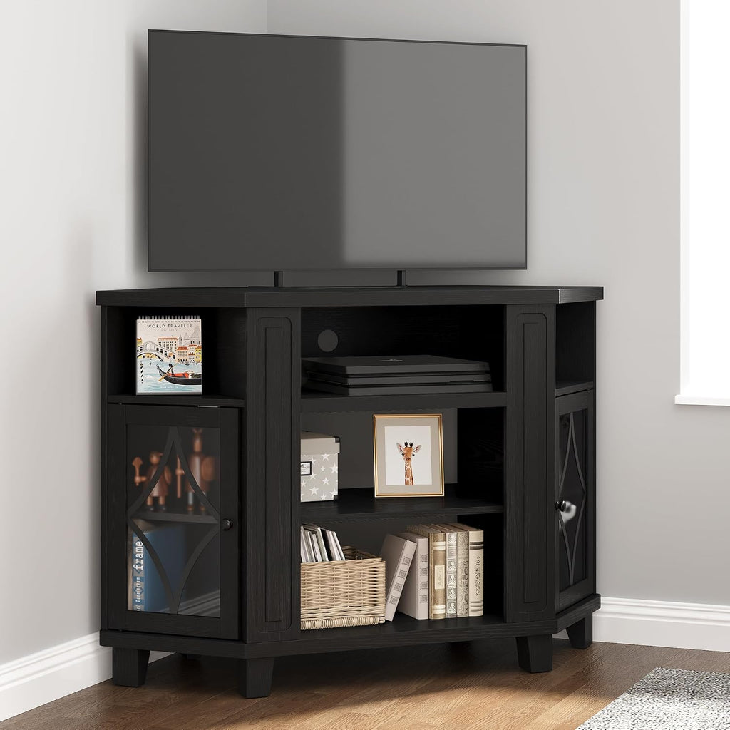 RoyalCraft Corner TV Stand for TVs up to 55 Inch: Corner Tall Entertainment Center with Storage, Modern Wood Media Console Cabinet for Living Room, Bedroom, Satin Black