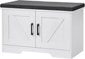 HOMSHO Farmhouse Shoe Storage Bench with 2 Barn Doors & Padded Seat Cushion | 27.6" Wide Entryway Bench with Adjustable Shelves & Hidden Storage, White