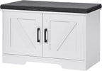 HOMSHO Farmhouse Shoe Storage Bench with 2 Barn Doors & Padded Seat Cushion | 27.6" Wide Entryway Bench with Adjustable Shelves & Hidden Storage, White