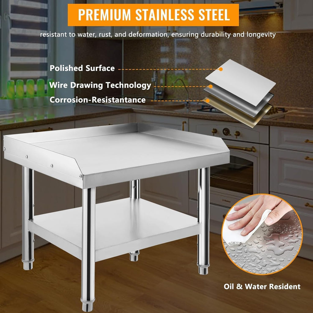 Stainless Steel 24x24x24 Inch Equipment Grill Stand Table, 660 Lbs Top & Bottom Shelf, Adjustable Legs, 2" Edge Baffle, for Hotel, Home, Commercial Restaurant Kitchen