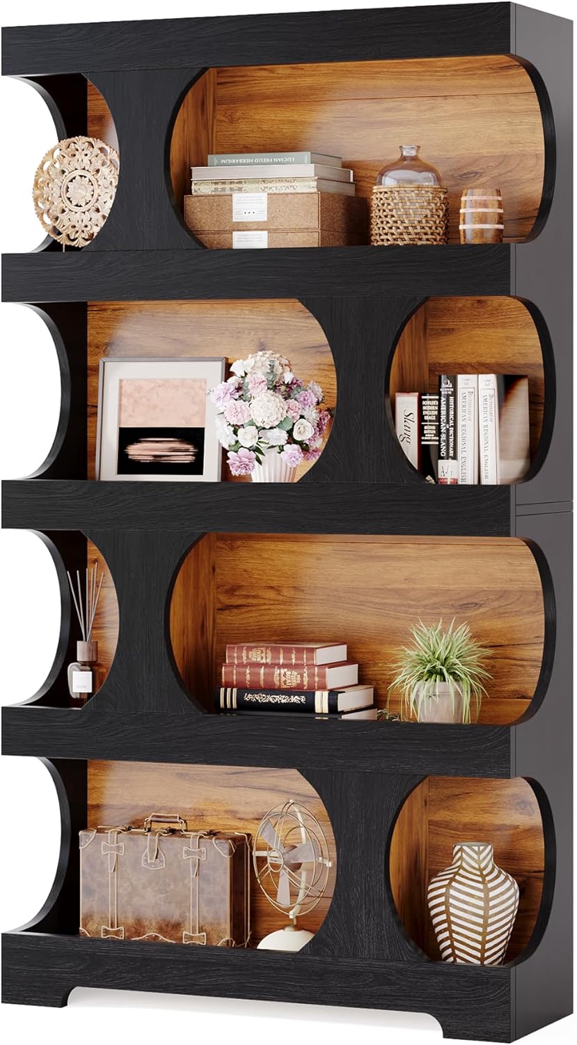 Tribesigns 71" Tall Bookcase, 4-Tier S-Shaped Bookshelf, Wood Decorative Storage Shelving, Modern Freestanding Display Shelves, Large Library Book Shelf Unit for Home Office Living Room, Black & Brown