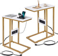 VECELO C-Shaped End Side Table Set of 2, with Charging Station & Two USB Ports and Outlets for Living Room, Bedroom, with Adjustable Feet for Couch/Sofa, Bedside, Small Spaces， Gold