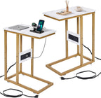 VECELO C-Shaped End Side Table Set of 2, with Charging Station & Two USB Ports and Outlets for Living Room, Bedroom, with Adjustable Feet for Couch/Sofa, Bedside, Small Spaces， Gold