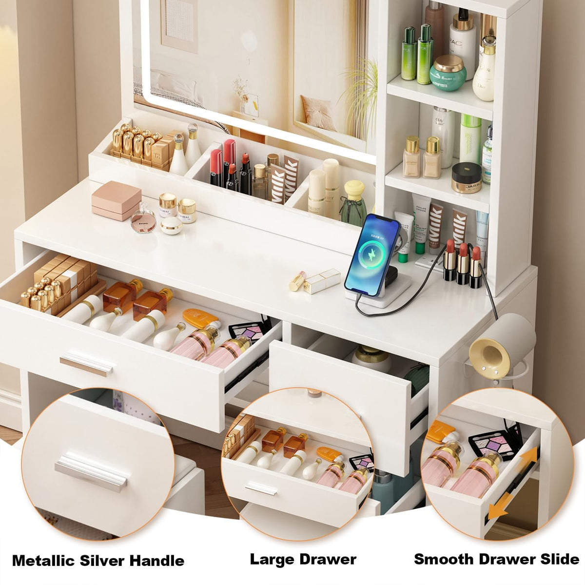 OTOQS Vanity Desk with Mirror and Lights,4 Drawers & Bench Vanity Desk Set | 3 Color Lighting Modes Adjustable Brightness Vanity for Bedroom Makeup Table
