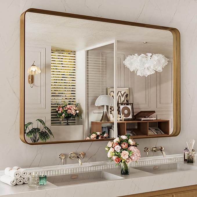 LOAAO 48X30 Inch Bathroom Mirror with Wood Grain Colored Metal Frame, Rounded Rectangle Metal Framed Bathroom Mirror, Anti-Rust, Hangs Horizontally or Vertically, Tempered Glass