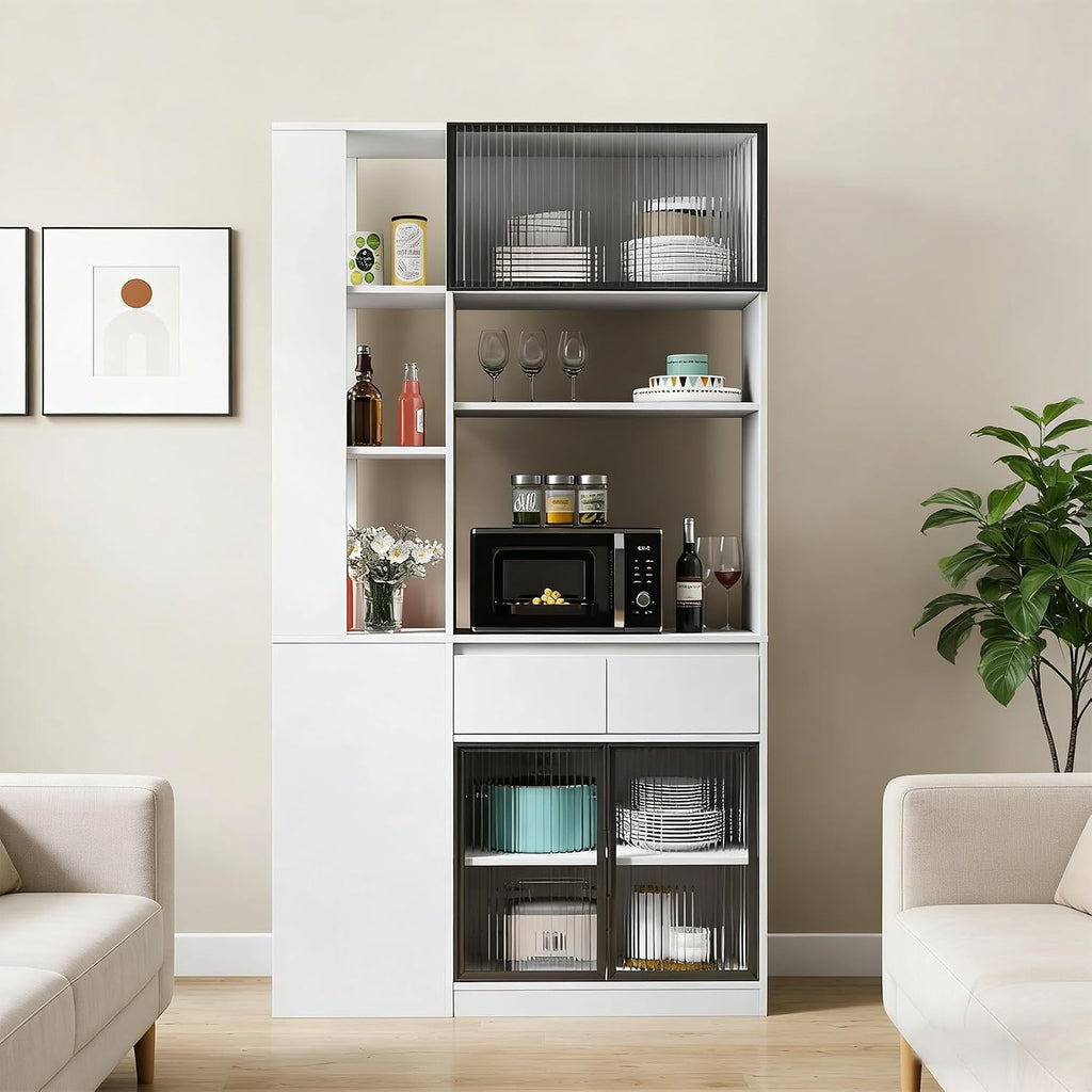 71 Inch Wood Pantry Cabinet with Glass Doors, 39 Inch Wide Freestanding Kitchen Storage Cabinet for Microwave and Coffee Bar, Modern Sturdy Tall Pantry Cabinet with Shelves & 5 Drawers, (White)