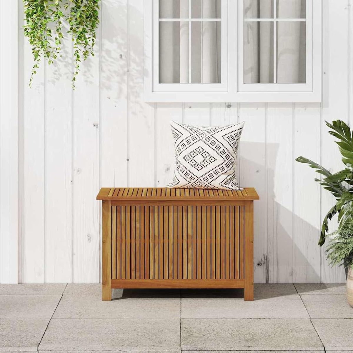 Gecheer Garden Storage Box, Solid Acacia Wood Outdoor Storage Bench 90x50x58 cm with Water Resistant Bag for Patio and Indoor Organization