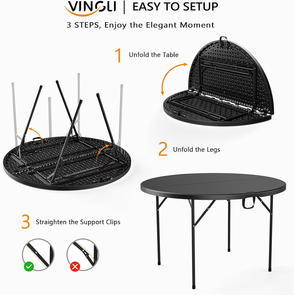VINGLI Black 48" Round Bi-Folding Commercial Table, 4 Feet Portable Plastic Dining Card Table for Kitchen or Outdoor Party Wedding Event, 1-Pack
