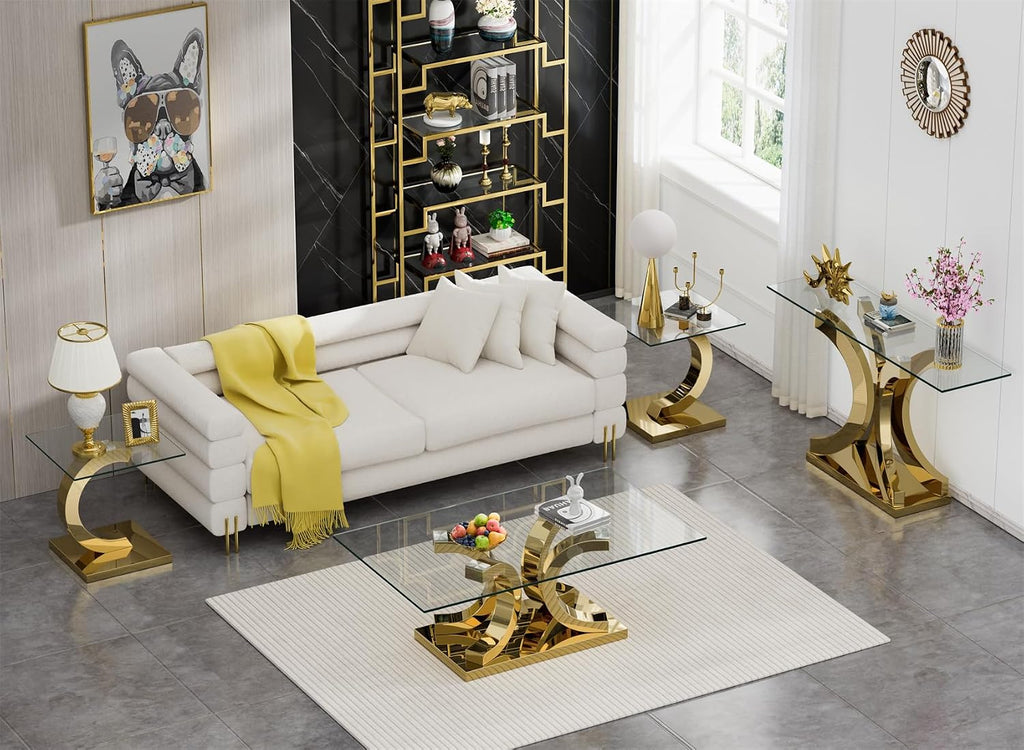 Modern Square Glass End Side Table with C-Shape Gold Stainless Steel Base, 22.83" Small Glass Top Bed Side Coffee Table Nightstand for Living Room Bedroom Office