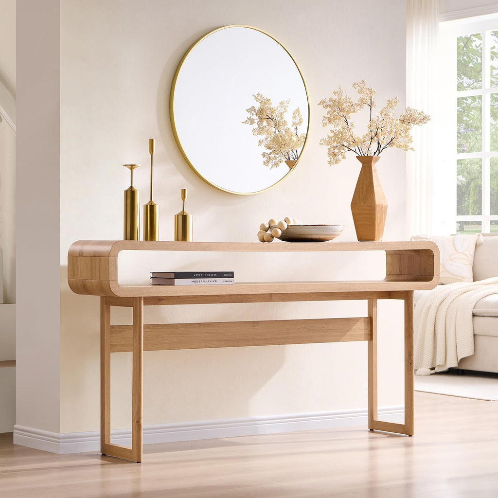 IFGET 63-Inch Long Console Table, 31.5" Tall Modern Entryway Table with Open Storage Shelf, Curved Profile Design, Narrow Wood Sofa Table Behind Couch Table for Living Room, Hallway,Foyer, Natural Oak