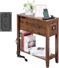 Chairside Table with Charger,Cherry End Table with Movable Top and Charging Station, Narrow Side Table with Storage Cabinet and USB, Sofa Table for Living Room Bedroom