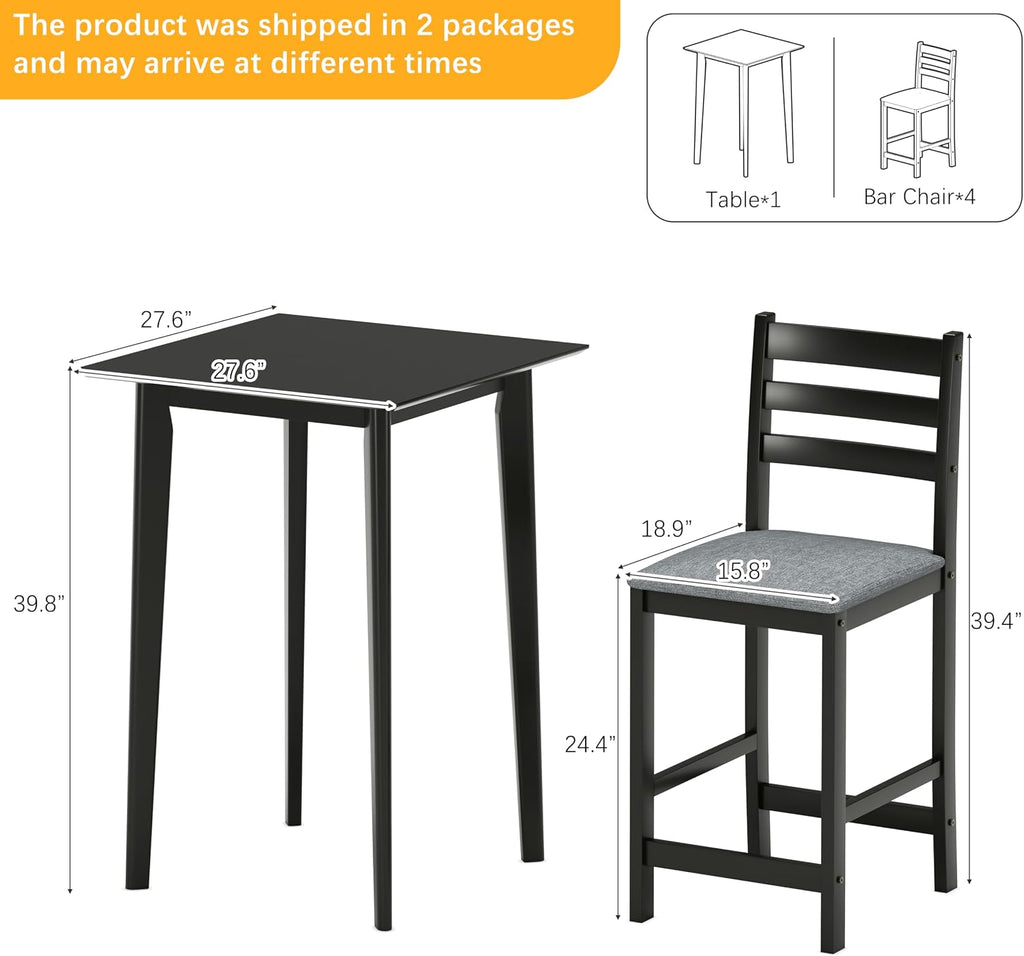 27.5 inch Bar Table and Chairs Set, Solid Wood Bar Height Pub Table and Chairs Set of 4, Counter Height Table Set, Square High Top Table and Chairs Set for Dining Room