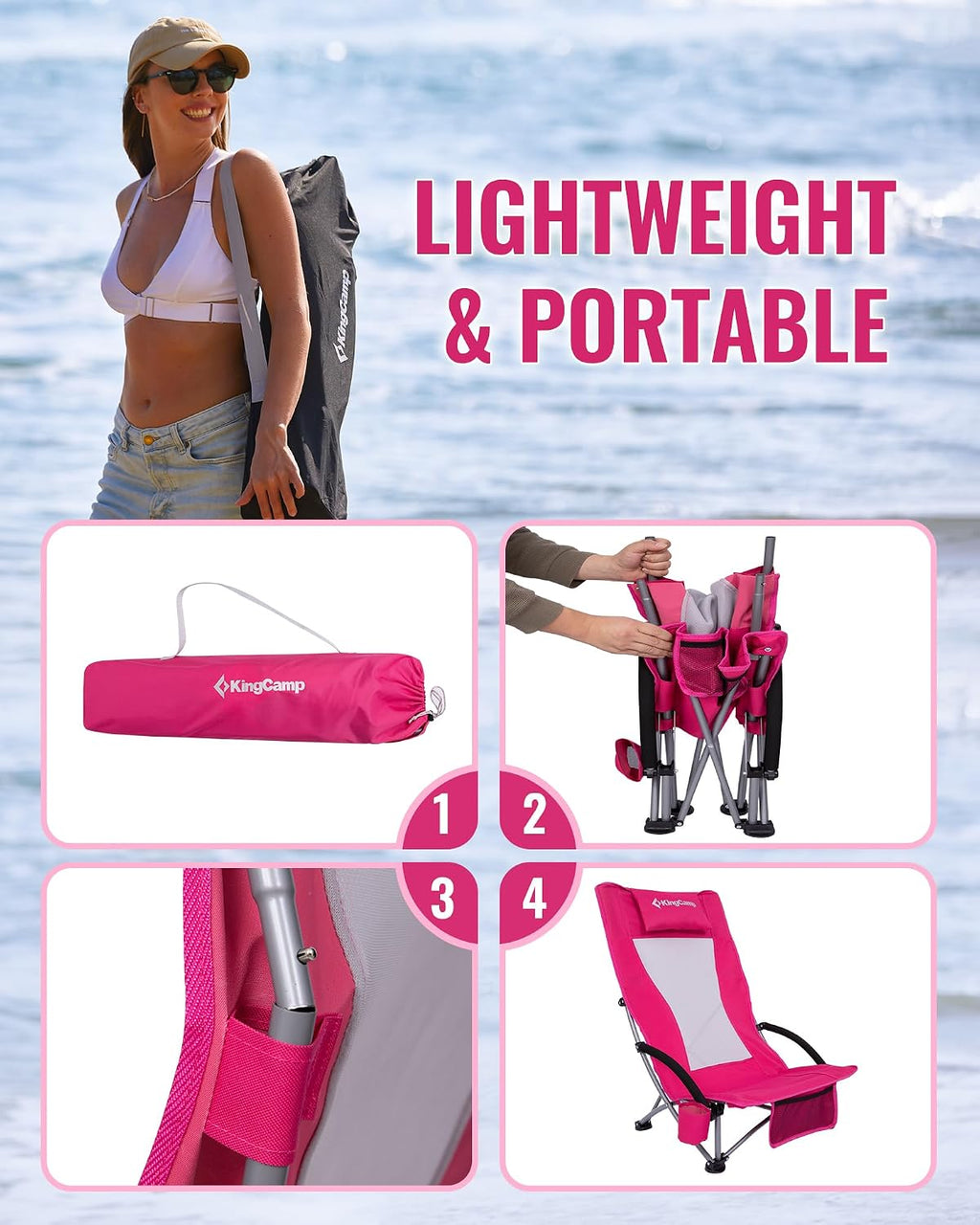 KingCamp Low Beach Chair, High Back Folding Camping Chair for Adults, Oversized Breathable Mesh Seat, 300lbs Heavy Duty Portable Chair with Cup Holder & Storage Pockets for Beach, Outdoor