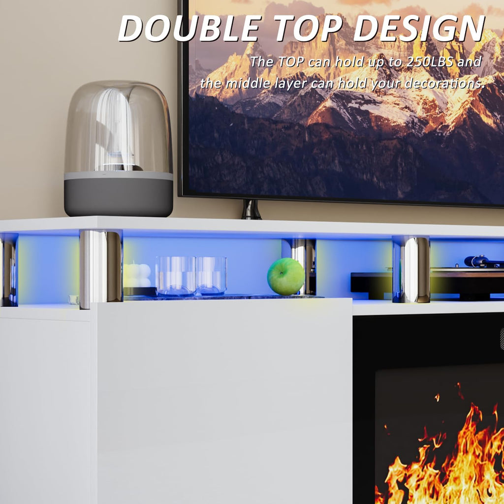 LEMBERI 70" Fireplace TV Stand for TVs up to 80", White | 36" electric fireplace, modern LED entertainment center, high gloss media console with storage cabinet for living room
