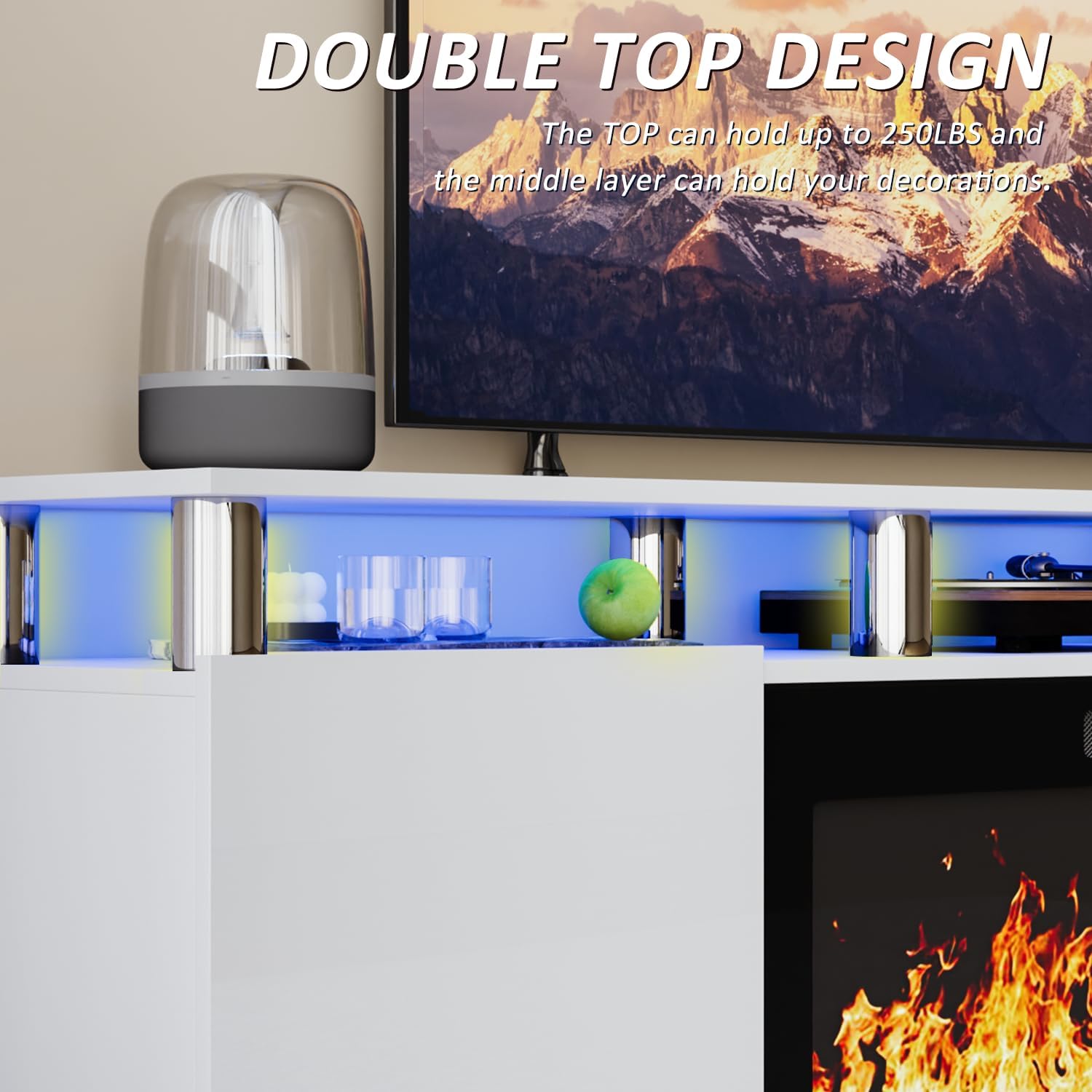 LEMBERI 70" Fireplace TV Stand for TVs up to 80", White | 36" electric fireplace, modern LED entertainment center, high gloss media console with storage cabinet for living room
