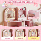 Costzon Kids Vanity with Lights, Girls Vanity Set with Mirror, Storage Drawer, Hooks & Shelves, Toddler Makeup Vanity Desk Dressing Table, Wooden Kids Vanity Table and Chair Set (Pink)