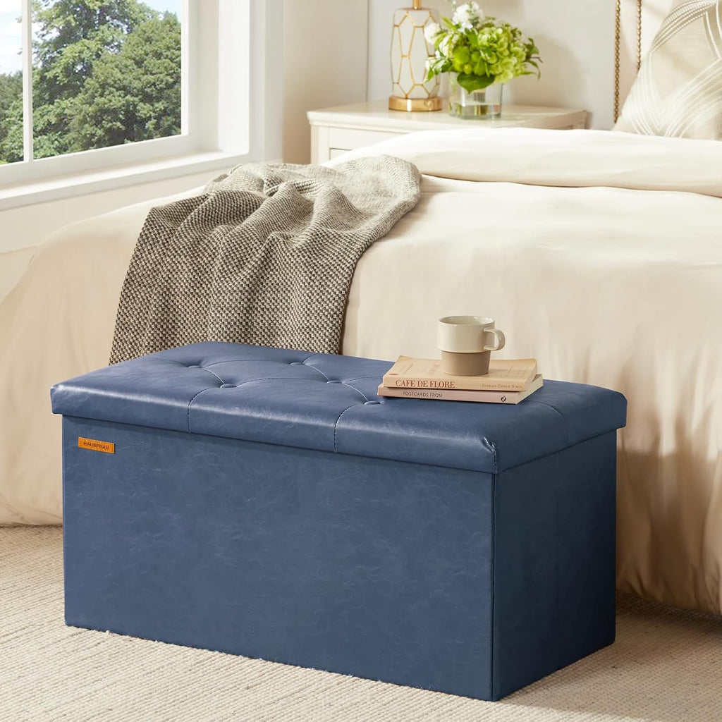 HAUSFRAU - Storage Ottoman Bench, 30 Inches Button Tufted Upholstered Ottoman Footstool with Storage for Living Room Bedroom Entryway, Load 660 lb, Synthetic Leather, Navy Blue