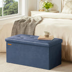 HAUSFRAU - Storage Ottoman Bench, 30 Inches Button Tufted Upholstered Ottoman Footstool with Storage for Living Room Bedroom Entryway, Load 660 lb, Synthetic Leather, Navy Blue