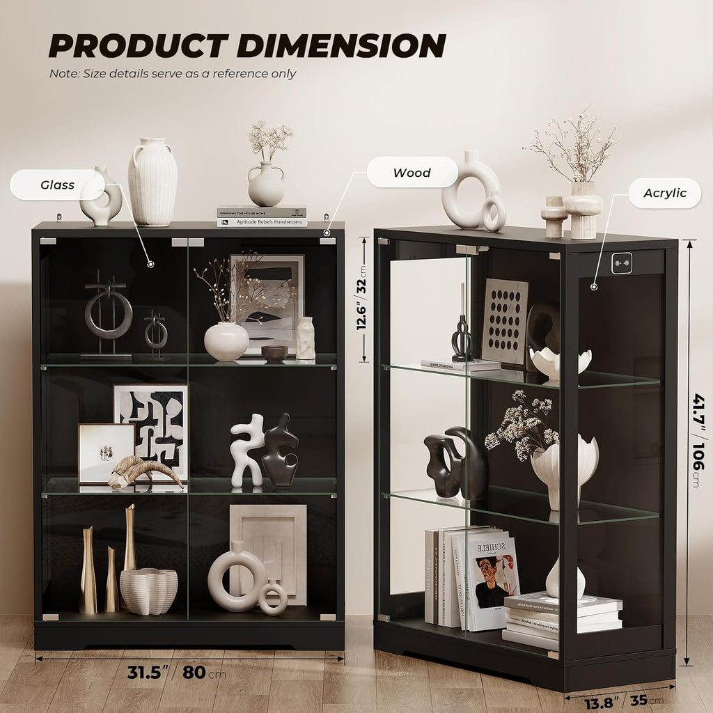 BROTTAR 41.7" Display Cabinet with Glass Doors & 3 Color LED Lights, Black
