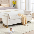 Storage Bench for Bedroom, 65 Inch End of Bed Storage Bench Beige | Velvet Storage Ottoman Bench, Tufted Upholstered and Gold Legs, Bedroom Bench with Storage, Arms, 2 Pillows, for Window