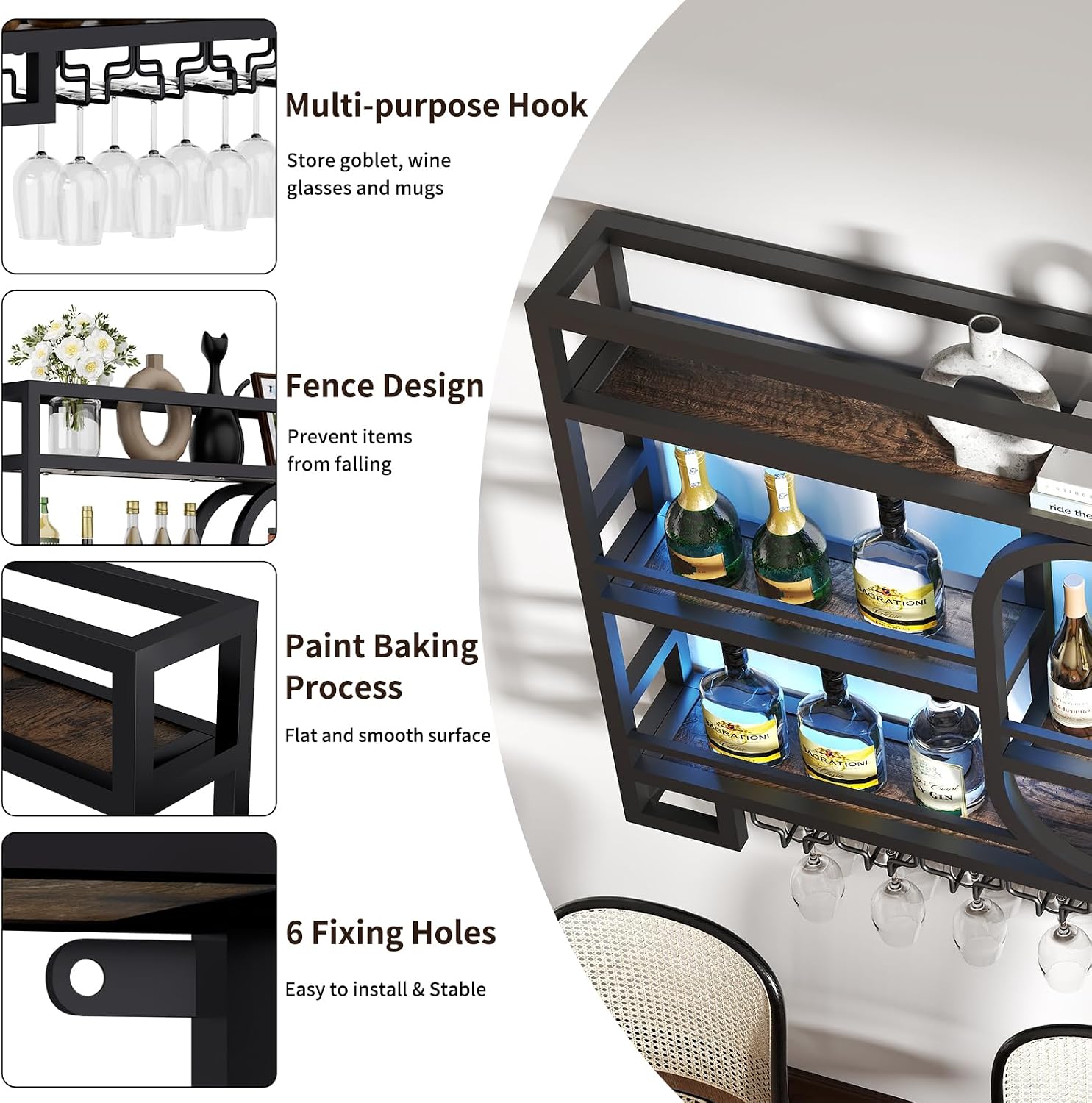 Boshen Fully Assembled 3-Tiers 47in Wine Rack Wall Mounted with LED Light | Floating Bar Shelves, Hanging Industrial Liquor Shelf, Wall-Mounted, Home, Bar, No Assembly Required, Glass Holder
