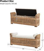 HULALA HOME 56" Rattan Storage Bench, Boho Wicker End of Bed Bench, Natural | Water Hyacinth Frame, Hollow-Carved Design, Armrests and Round Pillows, for Bedroom Entryway Living Room
