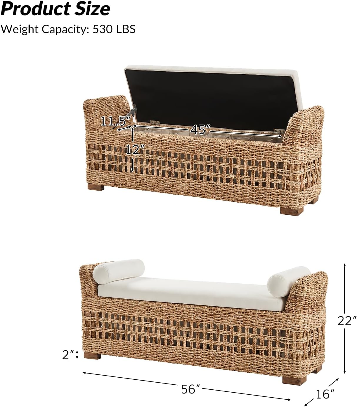 HULALA HOME 56" Rattan Storage Bench, Boho Wicker End of Bed Bench, Natural | Water Hyacinth Frame, Hollow-Carved Design, Armrests and Round Pillows, for Bedroom Entryway Living Room