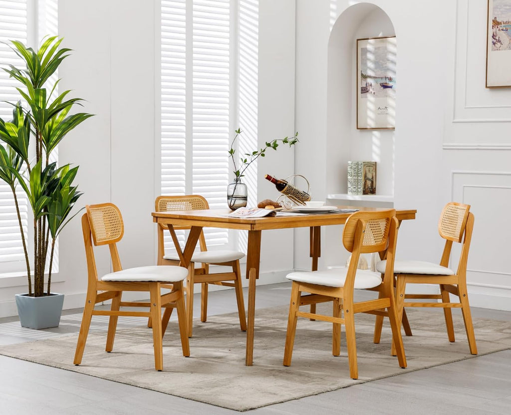 Shunzhi Rattan Dining Chairs Set of 6 Farmhouse White PU Leather Dining Room Chairs with Cane Back Mid Century Modern Kitchen Chairs Wooden Upholstered Boho Side Chair for Restaurant