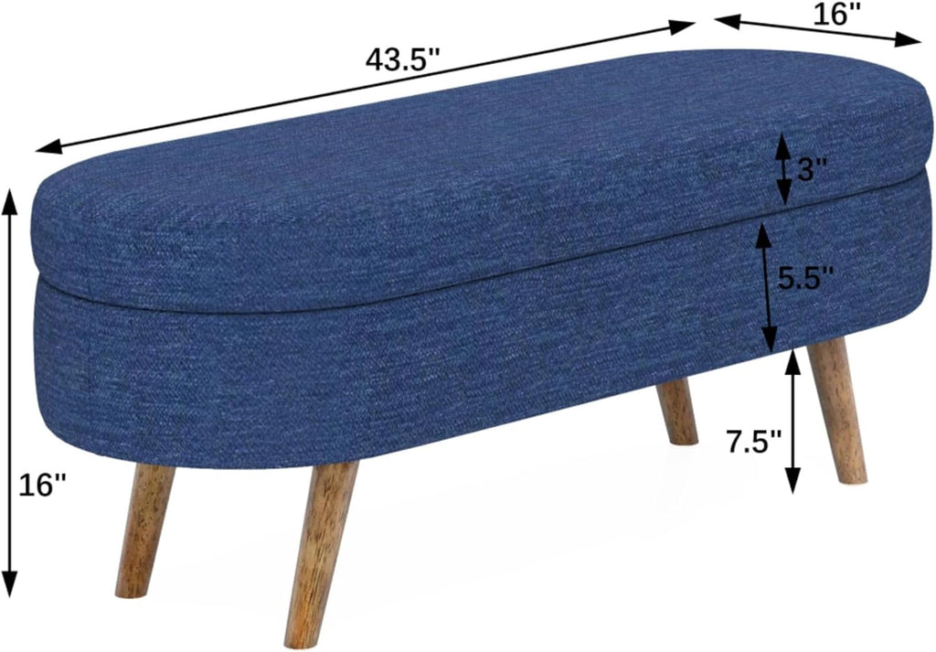 Oval Storage Ottoman Bench with Hidden Storage and Foam Padded Seat, Upholstered Entryway Footstool with Rubber Wood Legs, Decorative Bedroom End of Bed Accent Furniture for Living Room (Blue)