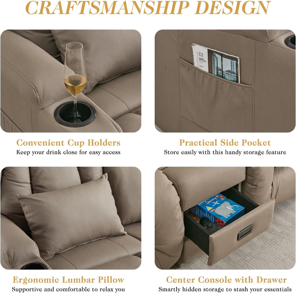 Loveseat Recliner Sofa,RV Wall Hugger Recliners for Small Spaces,Reclining Loveseat Sofa Recliner with Cup Holders/Lumbar Pillows,RV Furniture (Khaki, Loveseat with Flip-up Console)