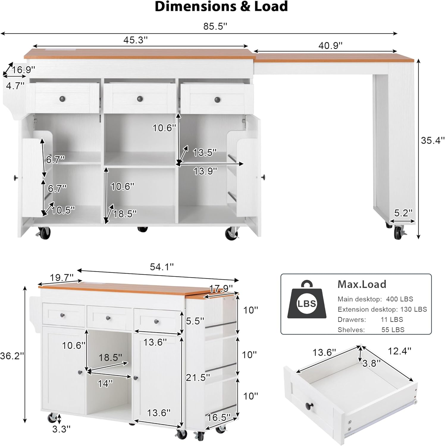 54.1"-85.5" Rolling Kitchen Island with Slide Out Table Grey