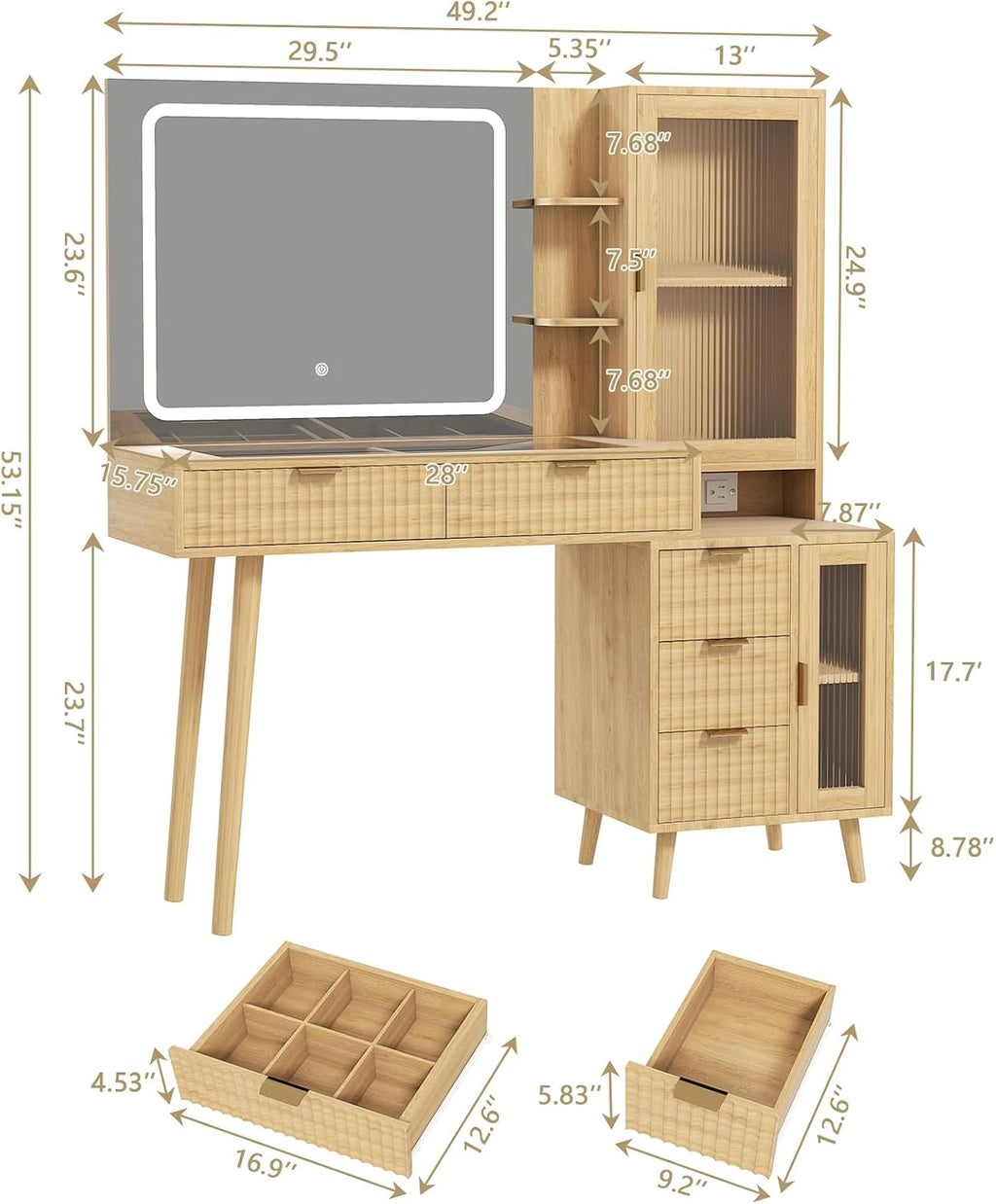 49" Wooden Vanity Desk with Mirror and Lights, Fluted Boho Makeup Vanity Table with Modern Glass Top, Charging Station, 5 Drawers, 2 Cabinet with Adjustable Shelves, Light Wood
