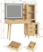 49" Wooden Vanity Desk with Mirror and Lights, Fluted Boho Makeup Vanity Table with Modern Glass Top, Charging Station, 5 Drawers, 2 Cabinet with Adjustable Shelves, Light Wood