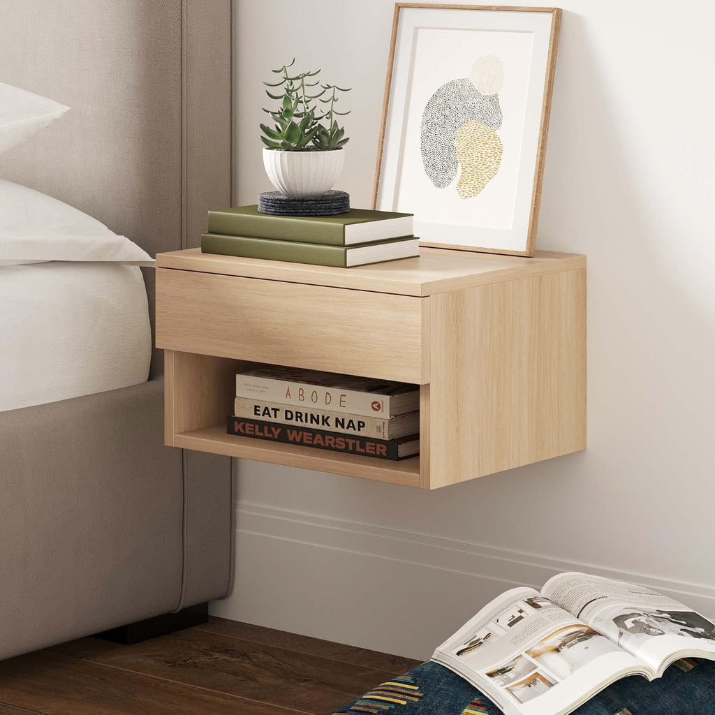 Nathan James Jackson Wall Mounted Floating Bedroom Nightstand with Storage Drawer and Modern Open Shelf Cubby, Light Oak Wood