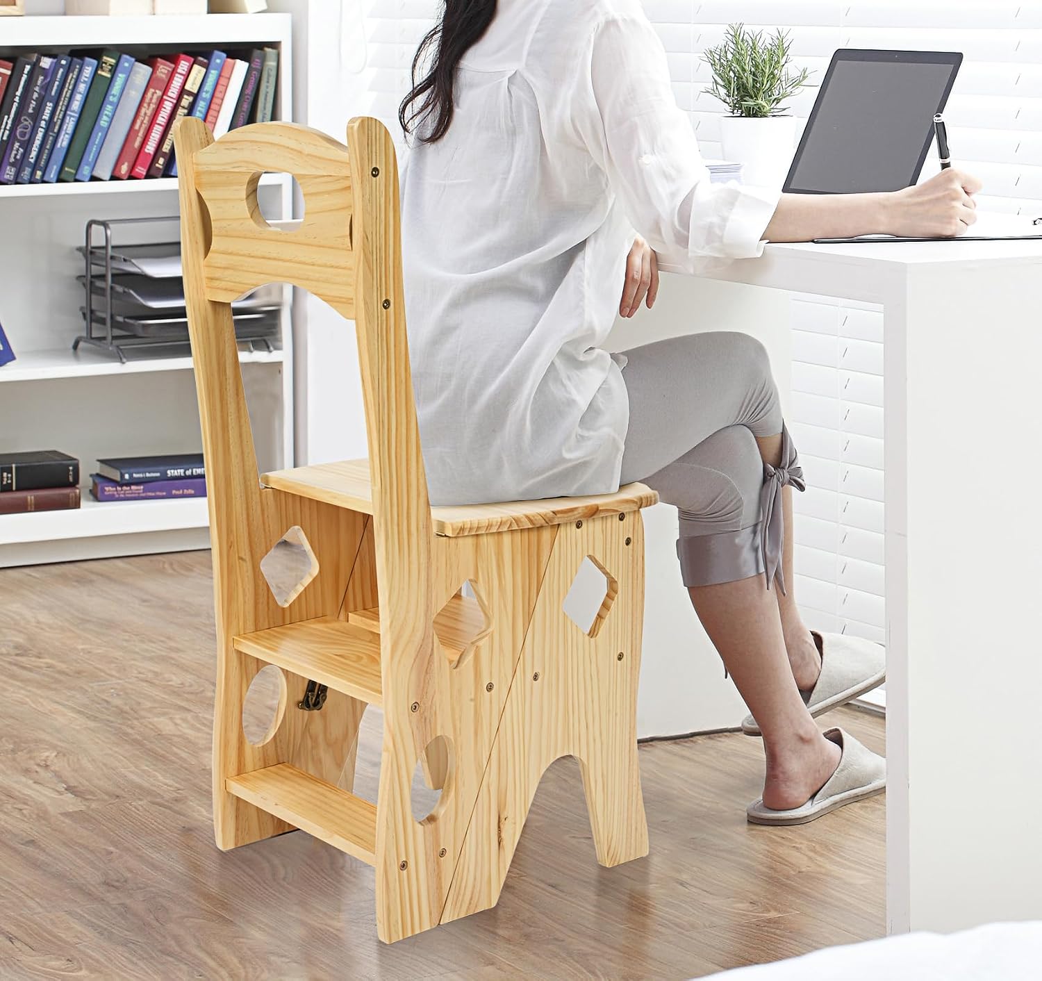 4 Step Foot Stool Chair 3 in 1 Wooden Library Ladder Solid Folding Portable Wood Display Stand Flower Rack Indoor Stepladder Shoe Bench for Home, Library, Kitchen, Office