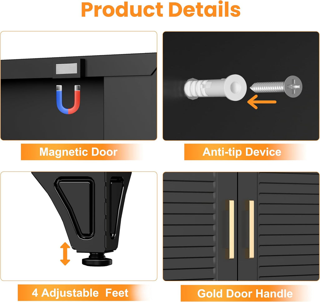 75" Metal Pantry Cabinet,Kitchen Storage Cabinet with Shelves | Louvered Metal Storage Cabinet,Adjustable Shelves,Gold Handles,Leveling Feet,Anti-tipping,for Garage/Kitchen Black